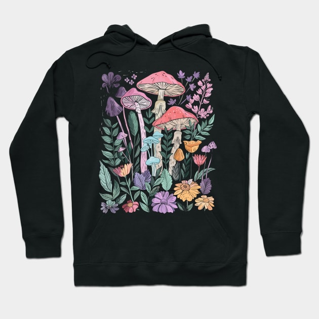 Goblincore Dark Cottagecore Cute Mushroom Purple Floral Garden Hoodie by RetroZin